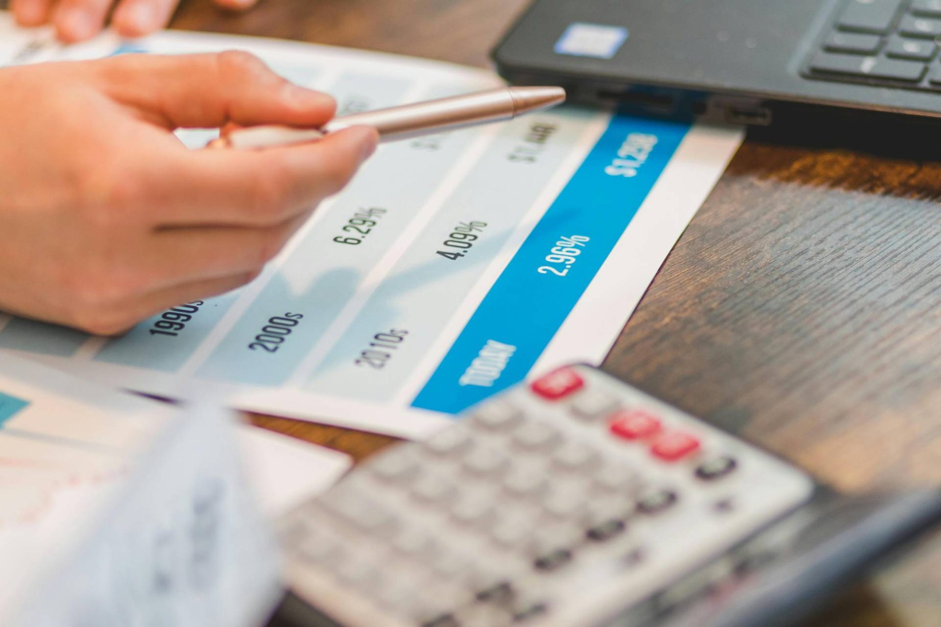 Person holding a pen while reviewing financial data with a calculator and laptop on the desk
