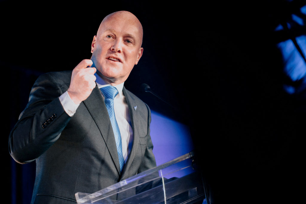 national party leader and prime minister elect christopher luxon addresses the crowd during the national party reception in auckland
