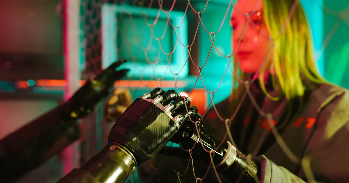 A woman interacts with robotic hands through a mesh displaying a neon cyberpunk atmosphere.