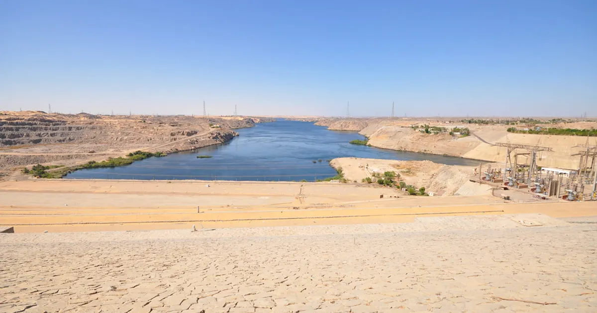 Aswan High Dam, built to control the Nile floods, store water and produce 2,1 GW of electricity