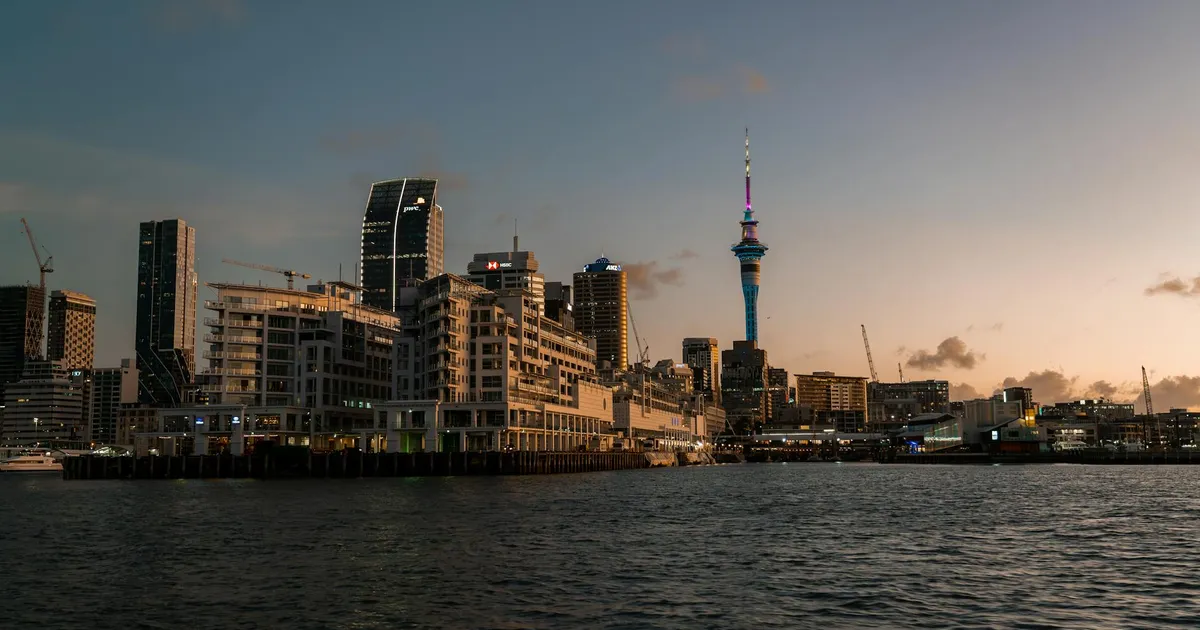 Captivating view of Auckland's skyline featuring the Sky Tower at dusk.