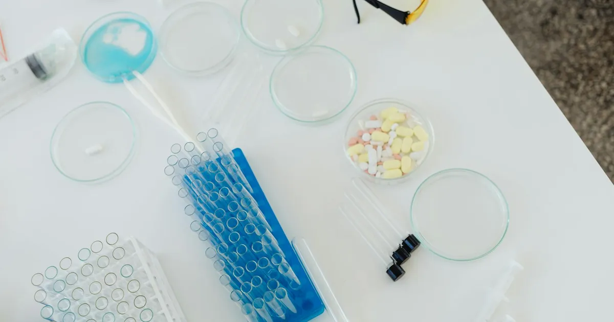 Aerial view of laboratory equipment including petri dishes, pills, test tubes, and syringes.