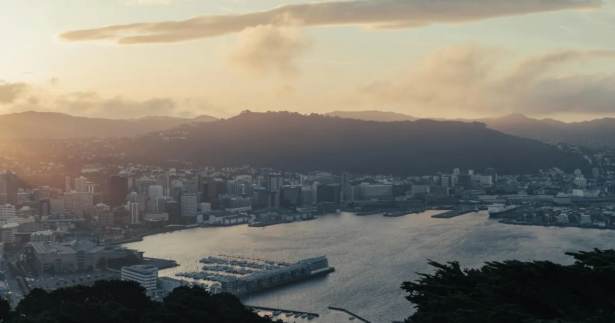 Breathtaking aerial view of Wellington, New Zealand at sunset showcasing the city and waterfront.