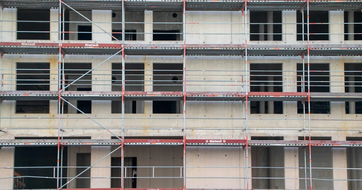 Scaffolding structure on a building construction site in Hamburg, Germany.