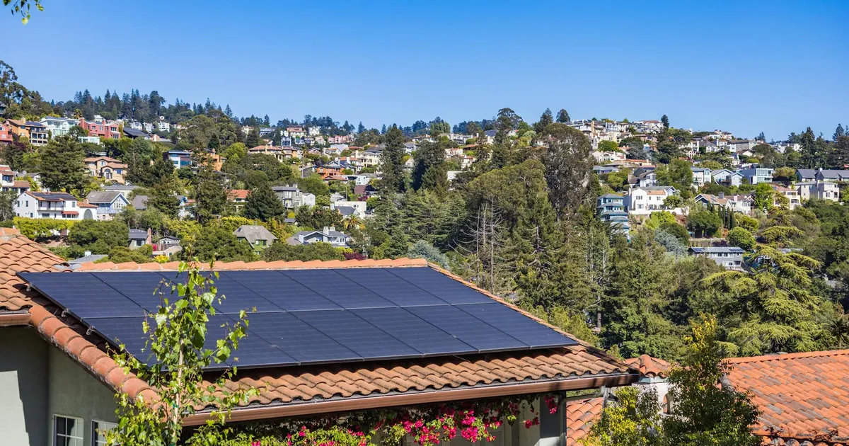 Solar panels on a suburban home, surrounded by lush greenery and a sunny blue sky.