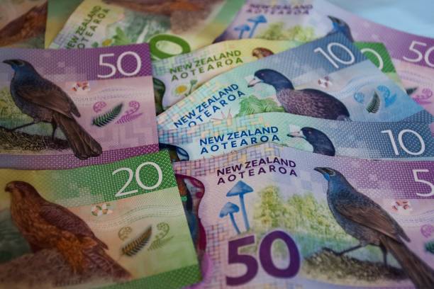 a mixture of new zealand dollar money bank notes in a background.