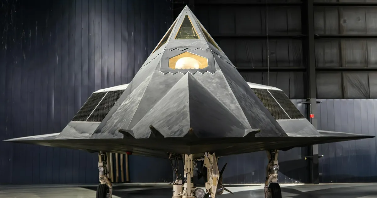 Front view of the iconic F-117 Nighthawk Stealth Fighter at a Dayton museum.