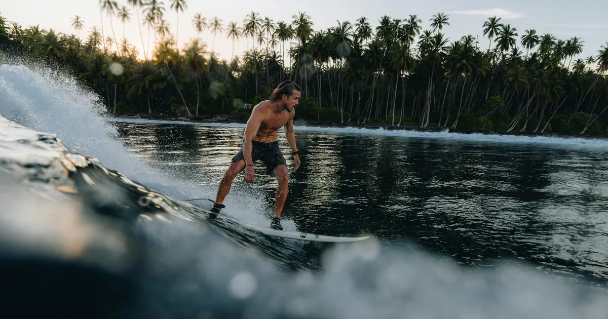 A surfer expertly rides waves at sunset with palm trees in the background, capturing a tropical escape.