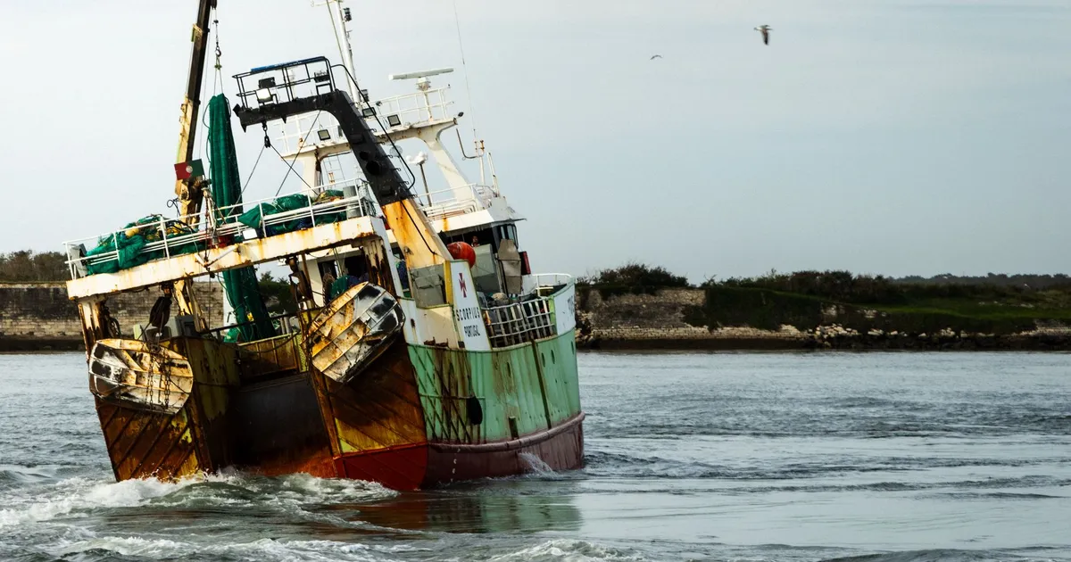 A vibrant fishing boat cruises along the coast under an open sky, capturing maritime beauty.