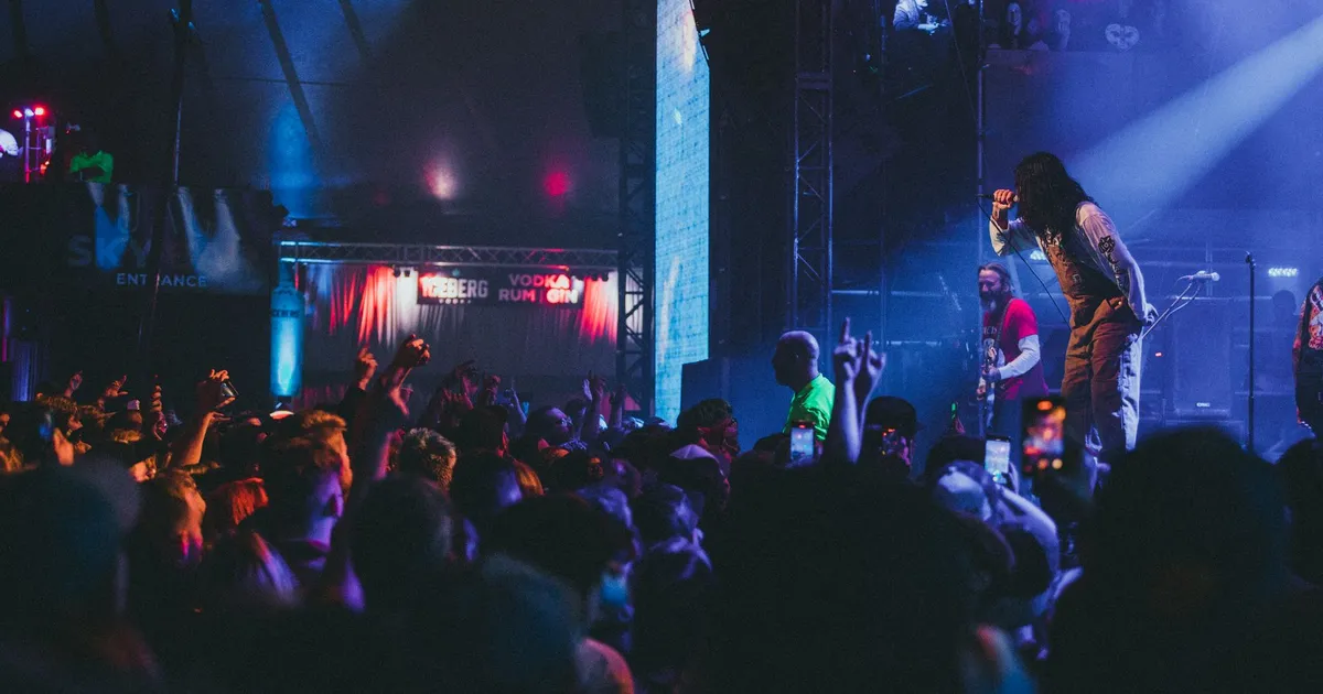 Vibrant live concert capturing a dynamic performance with an engaged audience under colorful lights.