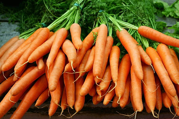 bunches of organic carrots on a farmer market. shallow depth of field.