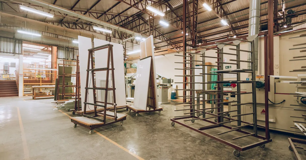A large, well-lit industrial factory interior showcasing machinery and storage solutions.