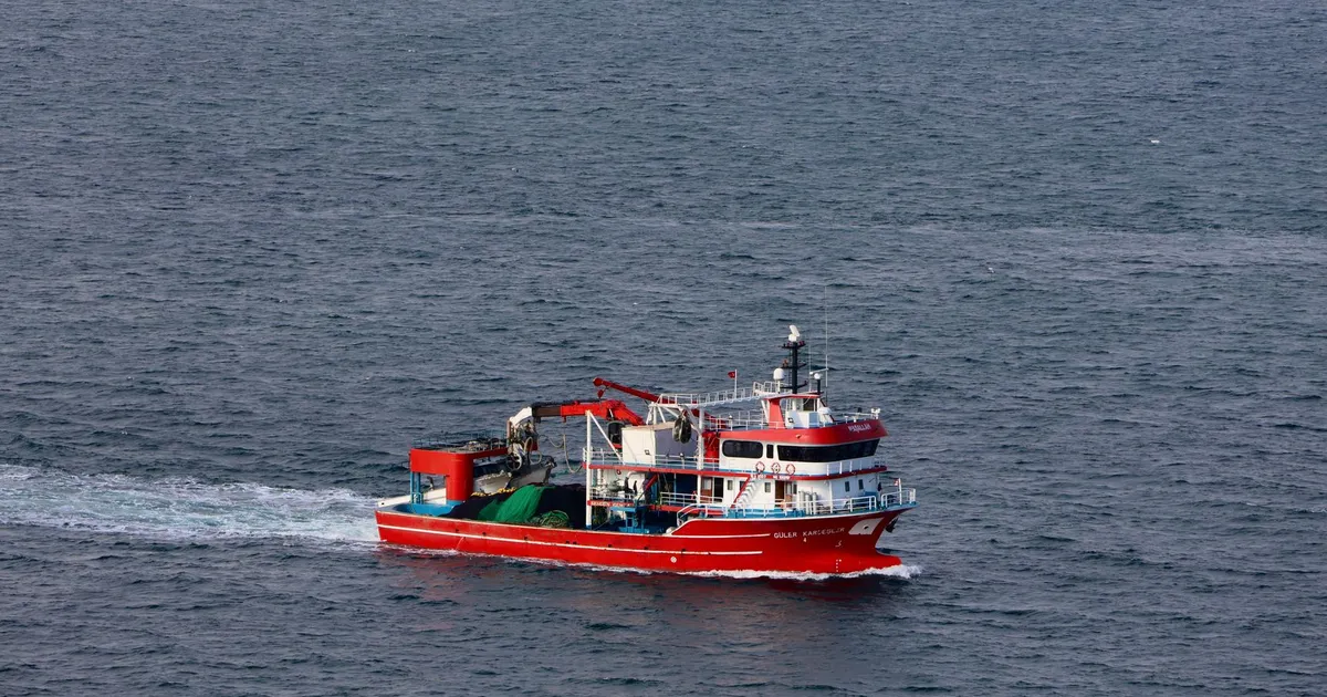 A vibrant red fishing boat cruises in the azure waters of Türkiye, against a vast seascape.