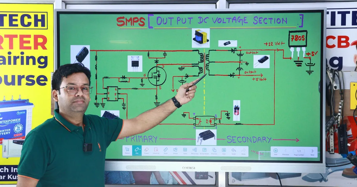 Instructor explaining SMPS voltage section diagram during AC repair course in New Delhi.