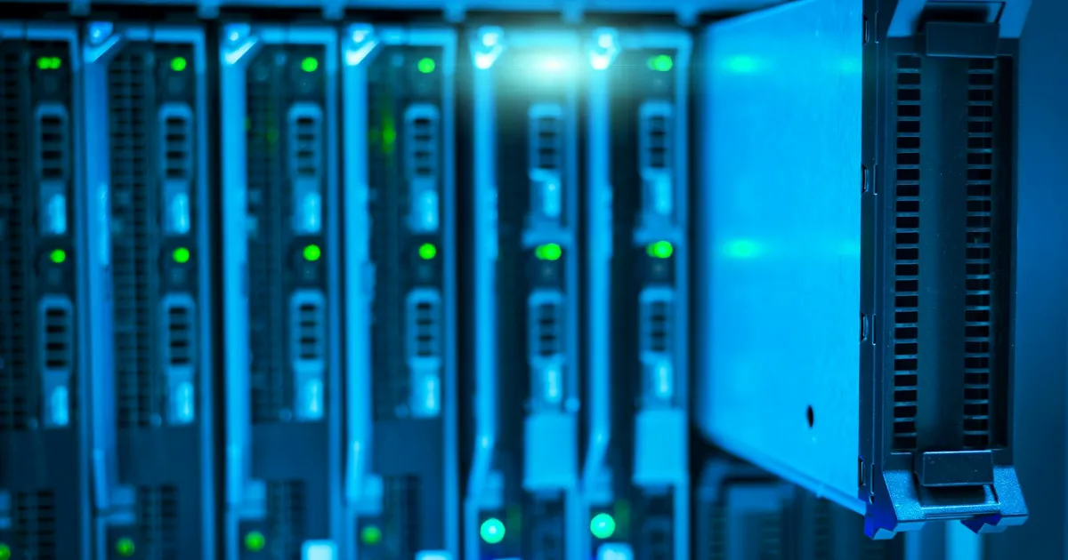 Detailed view of a server rack with a focus on technology and data storage.