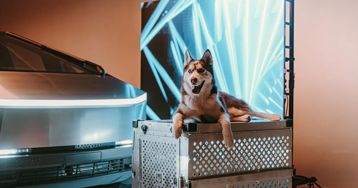 A Siberian Husky resting on a durable crate next to a futuristic cybertruck with LED backdrop.