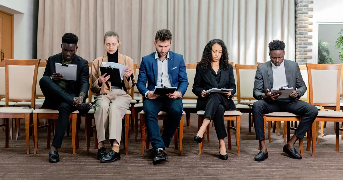 A diverse group of professionals attentively reviewing documents indoors.