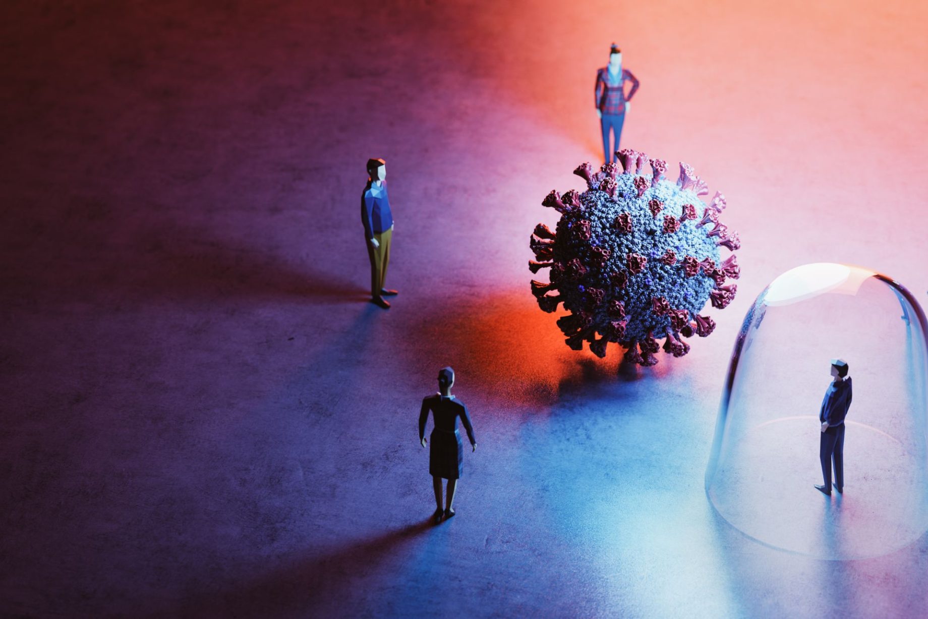 Conceptual illustration of the COVID-19 pandemic featuring a person wearing protective gear and symbolic virus elements