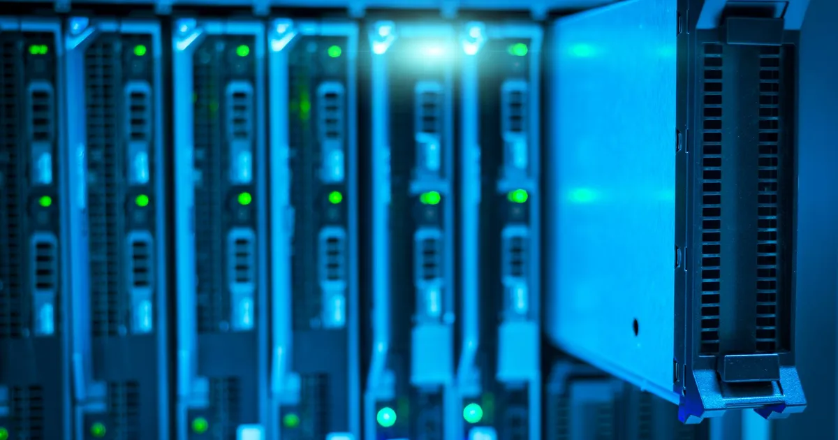 Detailed view of a server rack with a focus on technology and data storage.