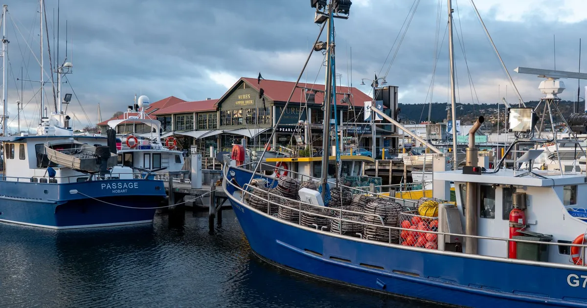 Fishing boats docked at the scenic Hobart Waterfront in Tasmania, Australia.