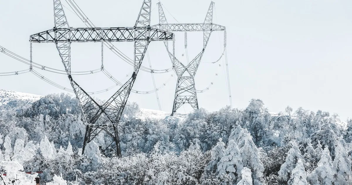 A scenic view of transmission towers amidst snow-covered trees during winter.