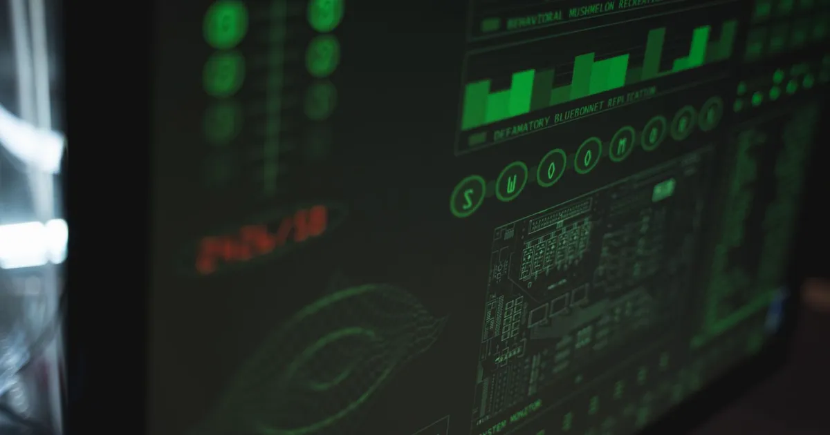 Close-up view of a computer displaying cybersecurity and data protection interfaces in green tones.