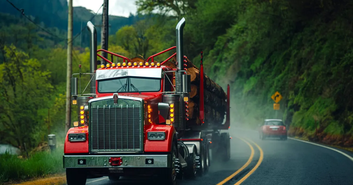 Red semi-truck carrying logs on a misty Oregon highway surrounded by lush greenery.