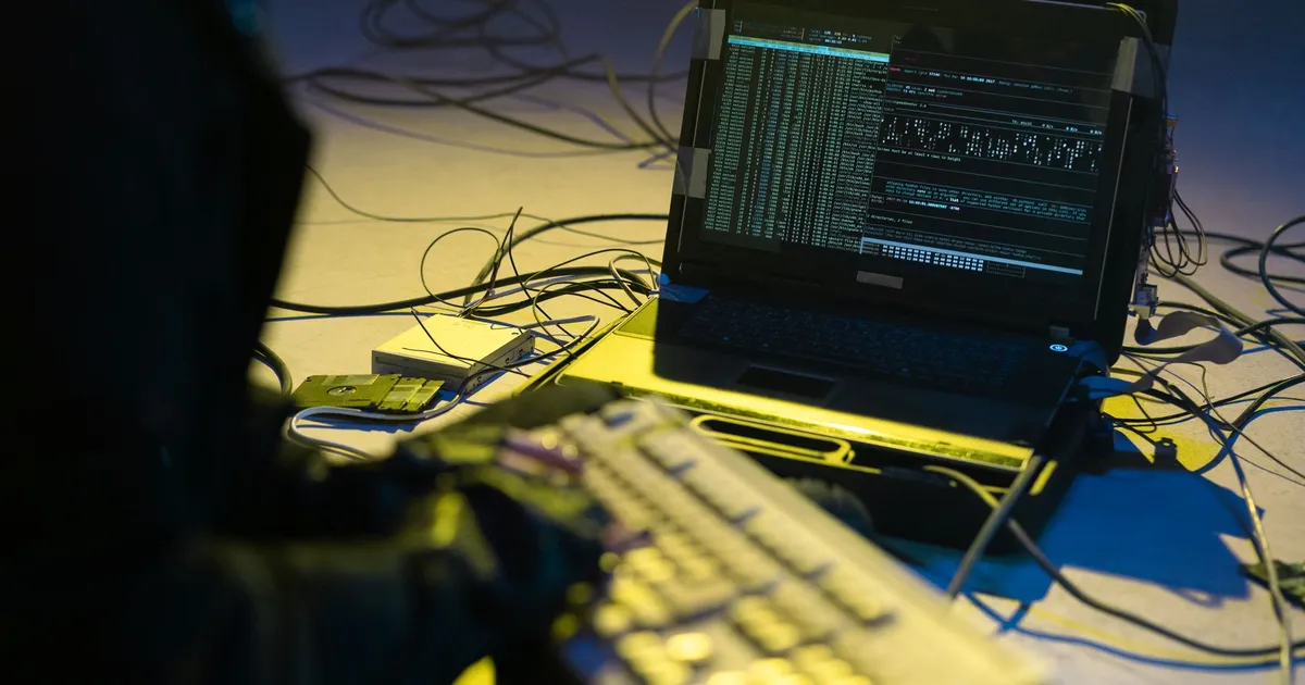 A person typing on a keyboard connected to a laptop showing code, surrounded by wires.