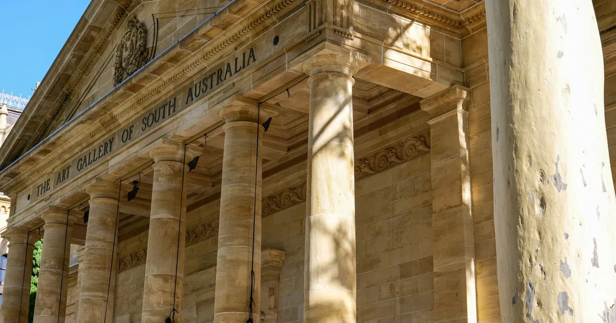 The historic facade of the Art Gallery of South Australia in Adelaide captured on a sunny day.