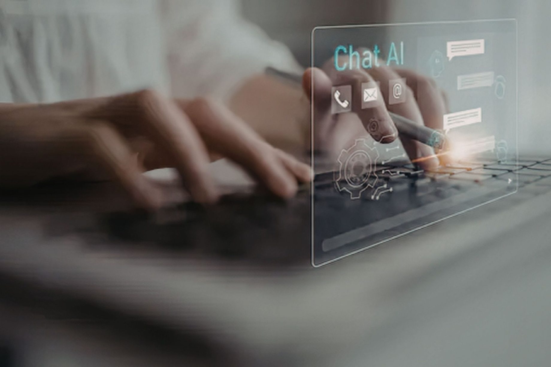 AI chat interface displayed over a person working on a laptop, representing the growing use of artificial intelligence in business communication and sales outreach.