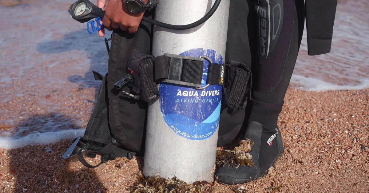 Scuba diver getting ready with tank and gear on a sandy beach shore, aquatic exploration.