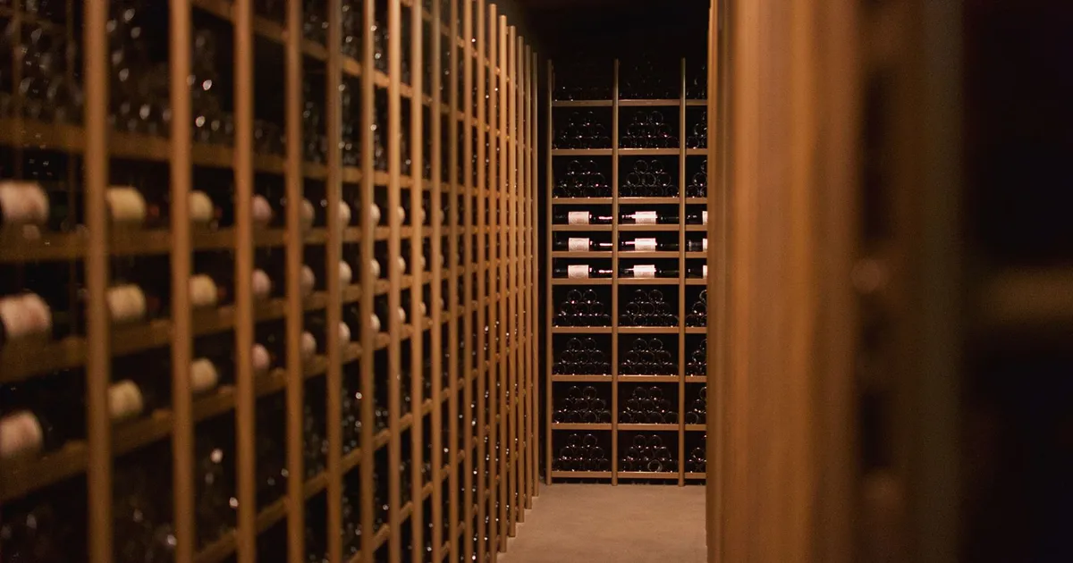 Discover an elegant wine cellar display with rows of wine bottles in Pauillac, France.