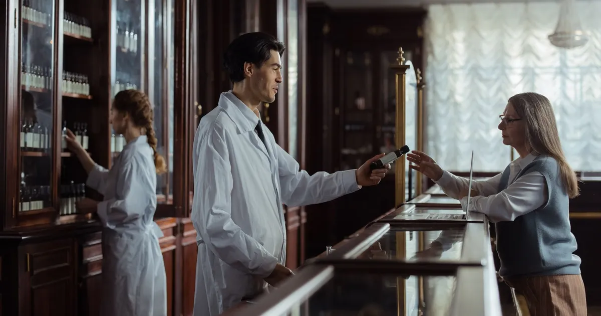 A pharmacist hands medication to a customer at a classic vintage pharmacy counter.