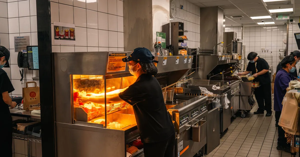 Inside view of a bustling fast-food kitchen in Nanjing, China with staff preparing orders.