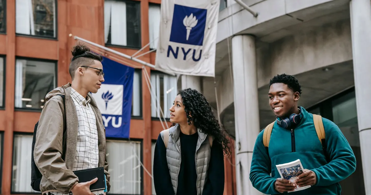 Group of diverse friends in casual clothes with papers standing near building and discussing details of university project
